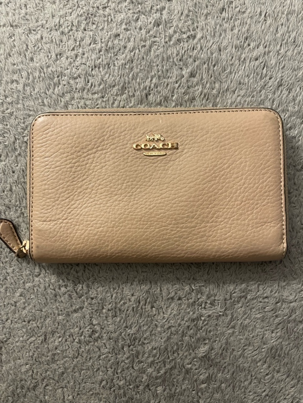 Coach Pebbled Leather Zip Wallet in Light Beige with Gold Hardware